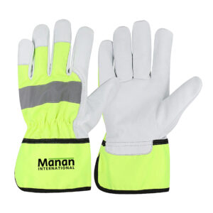 Canadian Gloves / Goatskin Leather Palm Hi-Vis Yellow Nylon Back Rubberized Cuff 3M™ Scotchlite™ Reflective Knuckle Strap