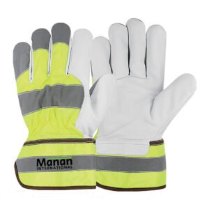 Canadian Gloves / Goatskin Leather Palm Hi-Vis Yellow Nylon Back Rubberized Cuff 3M™ Scotchlite™ Reflective Knuckle Strap