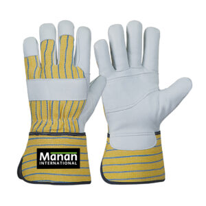 Canadian Gloves / Buffalo Leather Double Palm Striped Cotton Back Rubberized Cuff Leather Knuckle Strap