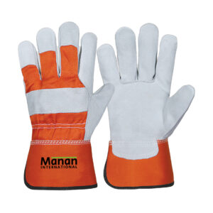 Canadian Gloves / Split Cowhide Leather Palm Drill cotton Back Rubberized Cuff Leather Knuckle Strap