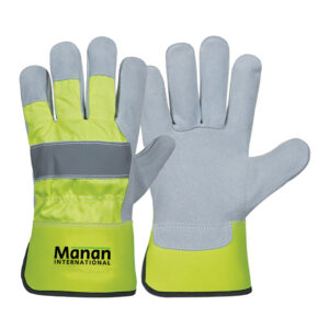 Canadian Gloves / Split Cowhide Leather Palm Drill cotton Back Rubberized Cuff Leather Knuckle Strap