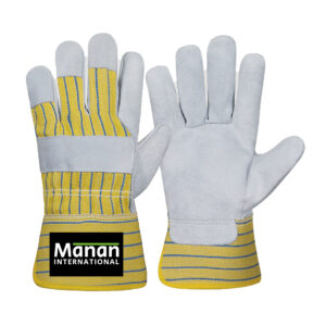 Canadian Gloves / Split Cowhide Leather Palm Strip Cotton Back Rubberized Cuff Leather Knuckle Strap