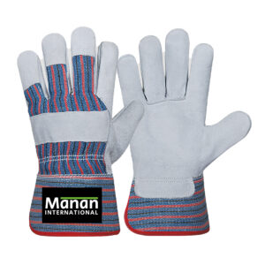 Canadian Gloves / Split Cowhide Leather Palm Drill cotton Back Rubberized Cuff Leather Knuckle Strap