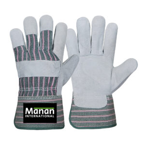 Canadian Gloves / Split Cowhide Leather Palm Drill cotton Back Rubberized Cuff Leather Knuckle Strap