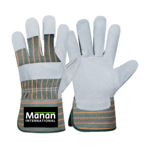 Canadian Gloves / Split Cowhide Leather Palm Drill cotton Back Rubberized Cuff Leather Knuckle Strap