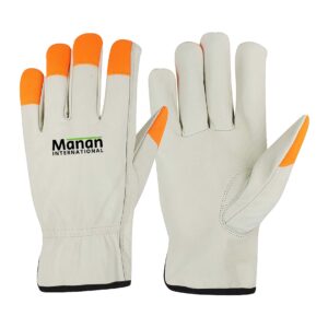Driver Gloves / Goatskin Leather with Keystone Thumb Hi Vis Orange Tips and Elastic Back Tan