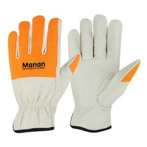 Driver Gloves / Goatskin Leather with Keystone Thumb Hi Vis Orange Fingers extended Knuckle and Elastic Back Tan