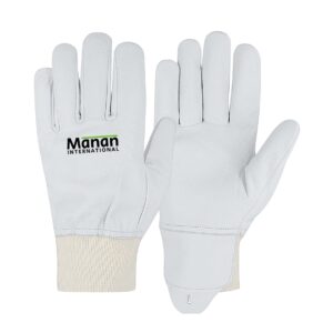 Driver Gloves / Goatskin Leather with Wing Thumb Knitted Wrist With Leather Artery Protector White