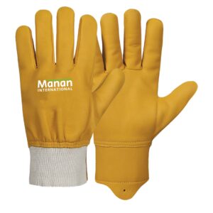 Driver Gloves / Cowhide Leather Wing Thumb Knitted Wrist With Leather Artery Protector Gold