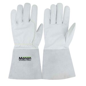 Welding Gloves / Goatskin Leather Wing Thumb Kevlar Stitched Stiff Cow Split Cuff White