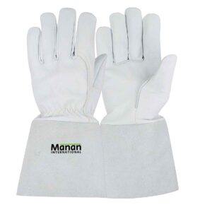 Welding Gloves / Goatskin Leather Straight Thumb Kevlar Stitched Stiff Cow Split Cuff White