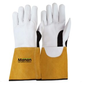Welding Gloves / Goatskin Leather Wing Thumb Kevlar Stitched Thumb Strap Stiff Cow Split Cuff Gold