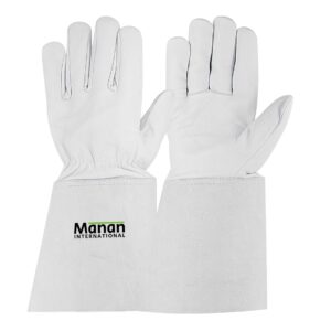 Welding Gloves / Goatskin Leather Wing Thumb Kevlar Stitched Stiff Cow Split Cuff White