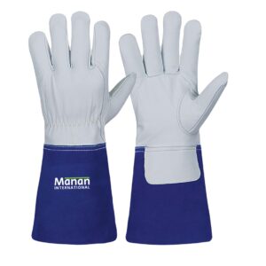 Welding Gloves / Goatskin Leather Keystone Thumb Kevlar Stitched Stiff Cow Split Cuff Blue