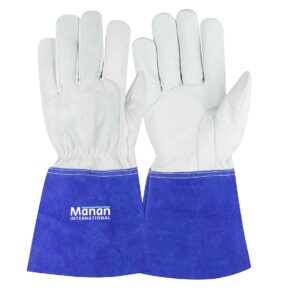 Welding Gloves / Goatskin Leather Cow Split back Wing Thumb Kevlar Stitched Thumb Strap Stiff Cow Split Cuff Blue