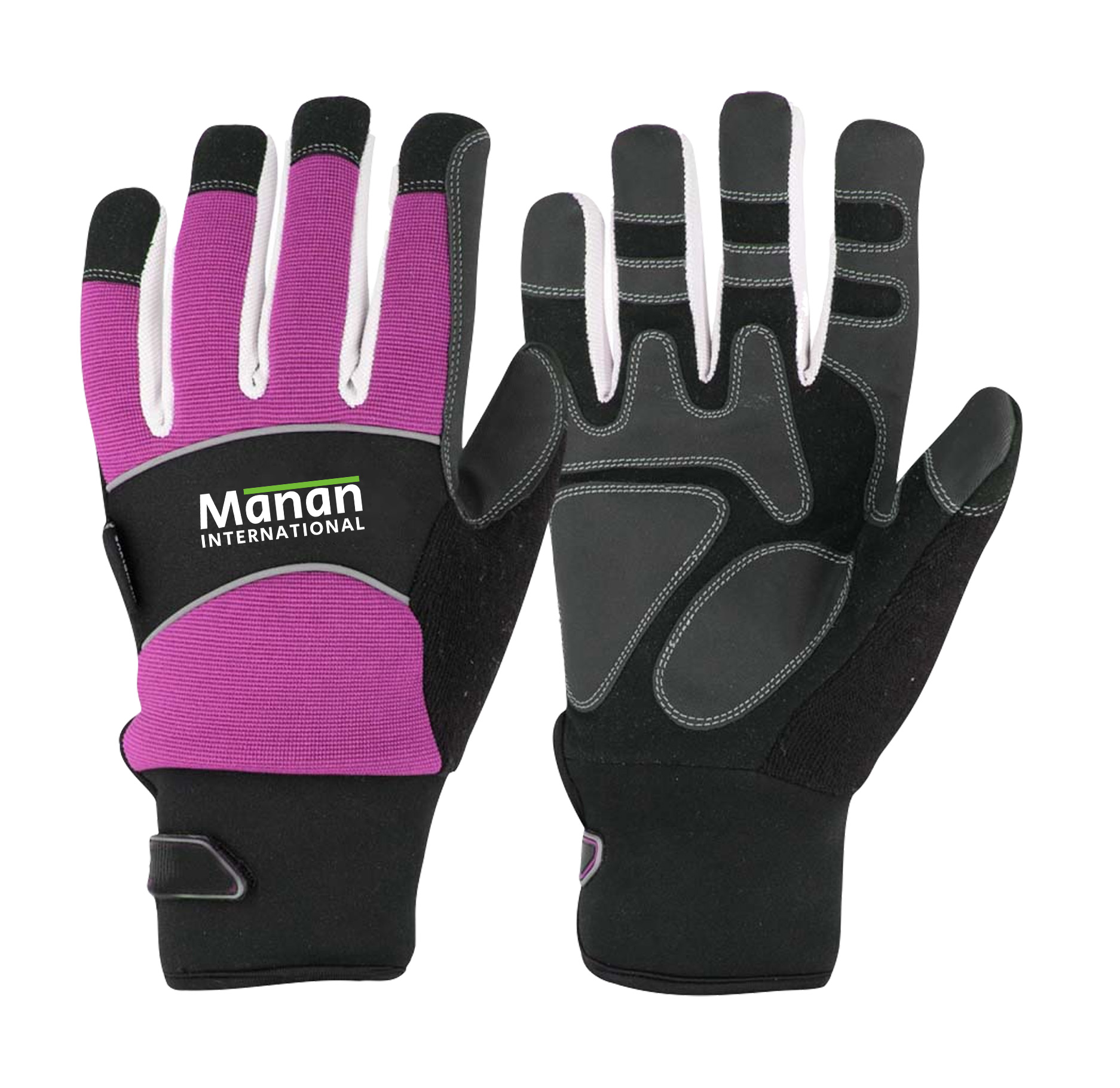 Mechanic Gloves / Synthetic Leather Foam Padded Anti Slip Palm Wing Thumb Spandex Back With Elastic Cuff With Hook And Loop Magenta
