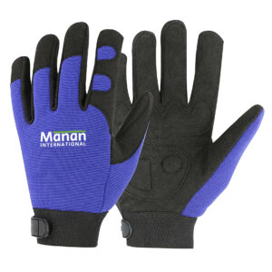 Mechanic Gloves / Synthetic Leather Foam Padded Anti Slip Palm Wing Thumb Spandex Back With Elastic Cuff With Hook And Loop Blue