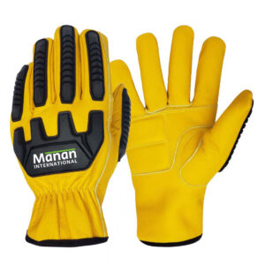 Impact Gloves / Goatskin Leather Foam Padded Anti Slip Palm Keystone Thumb Shirred Elastic TPR Guard Back Golden