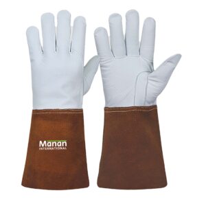 Welding Gloves / Goatskin Leather Wing Thumb Kevlar Stitched Thumb Strap Stiff Cow Split Cuff Brown